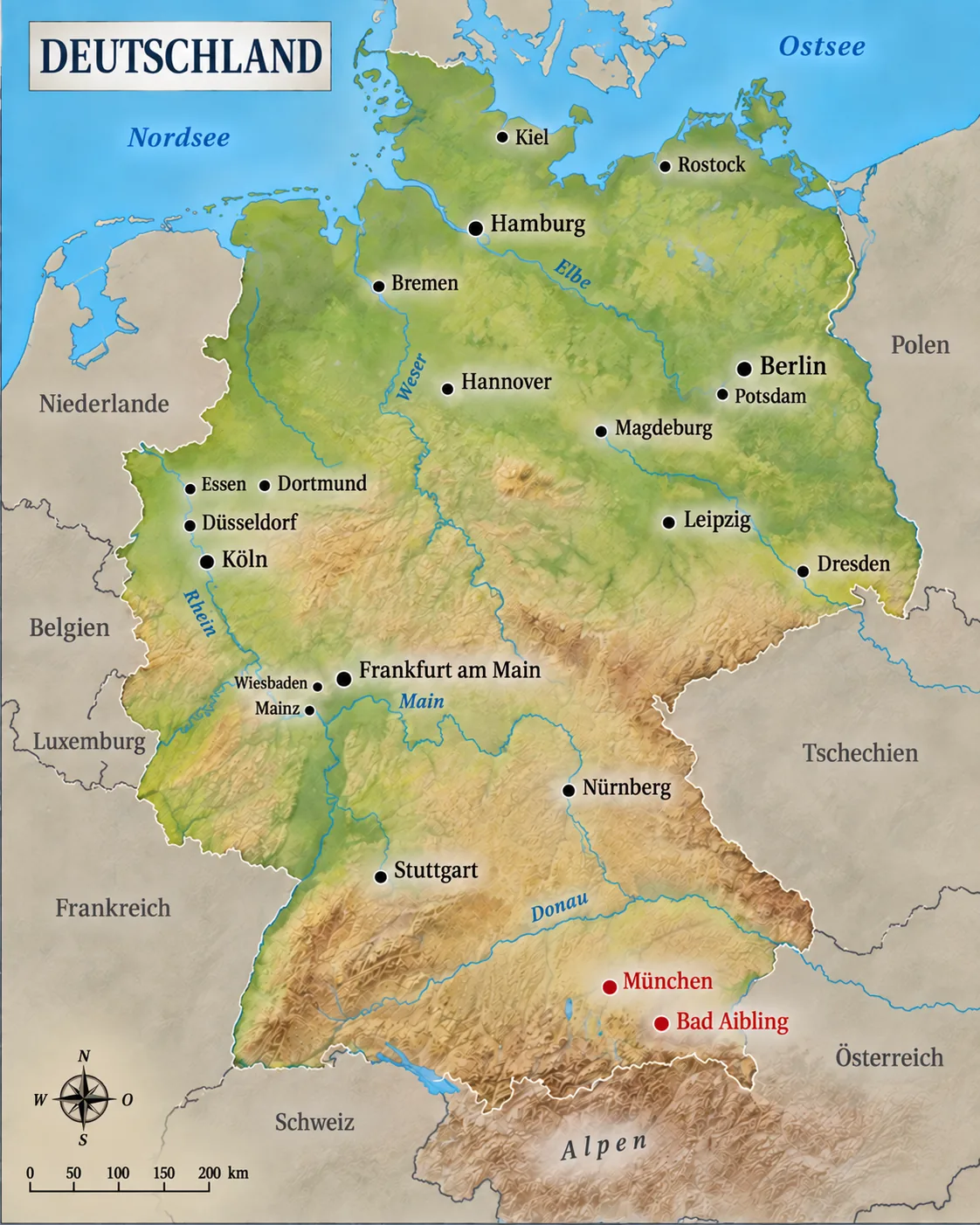 Physische Karte Deutschlands mit München und Bad Aibling