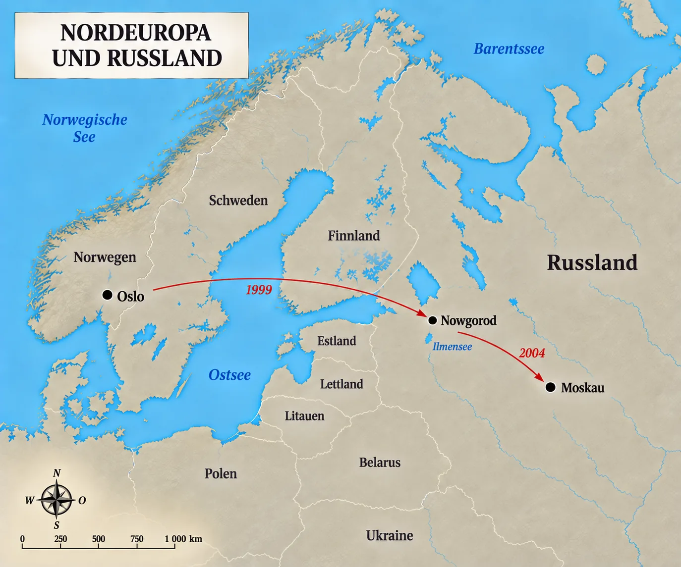 Karte von Nordeuropa und Russland mit der Route von Oslo nach Nowgorod und Moskau
