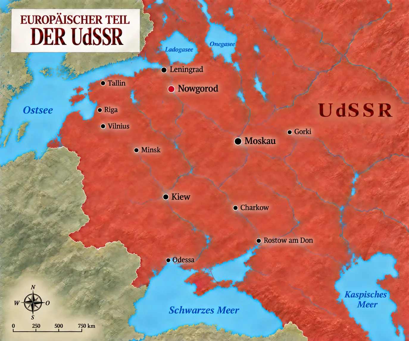 Karte des europäischen Teils der UdSSR mit Nowgorod, Leningrad und Moskau