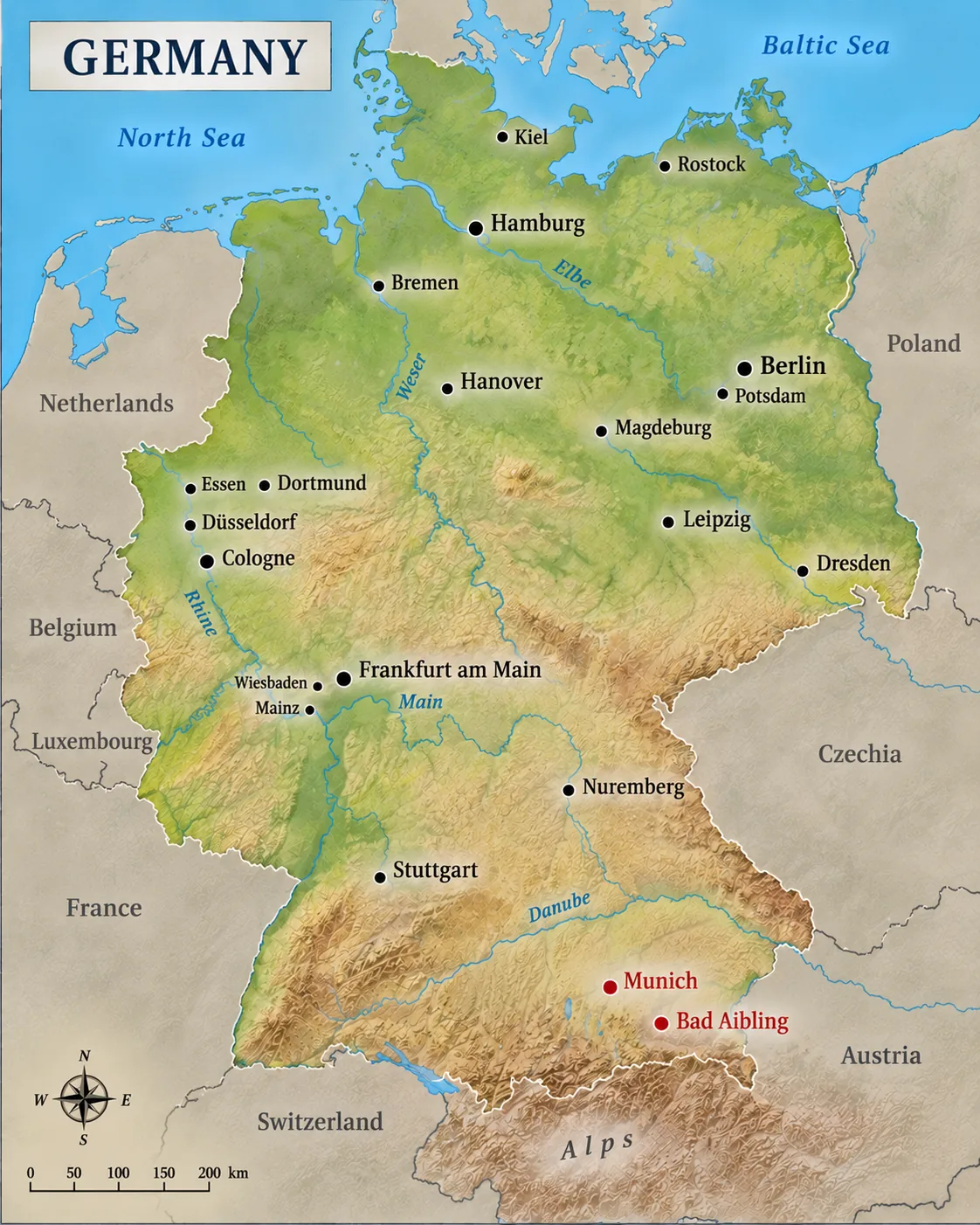Physical map of Germany with Munich and Bad Aibling