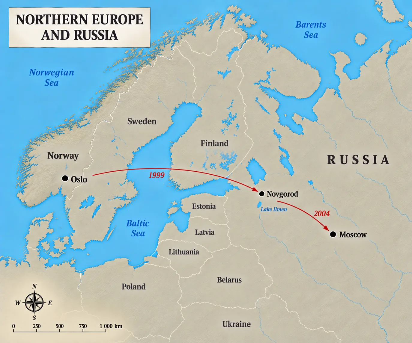 Map of Northern Europe and Russia showing the route from Oslo to Novgorod and Moscow