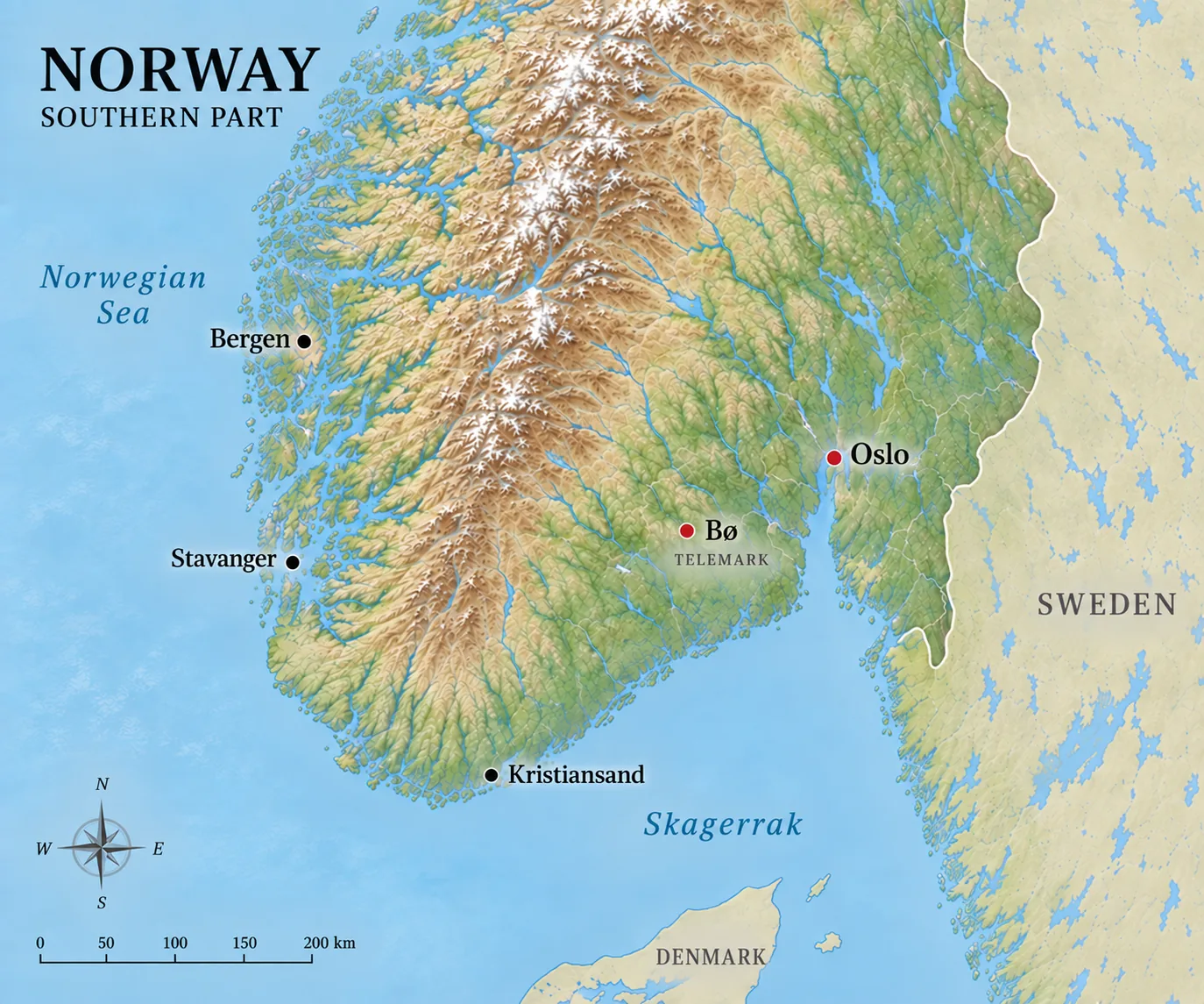 Physische Karte Südnorwegens mit Bø und Oslo