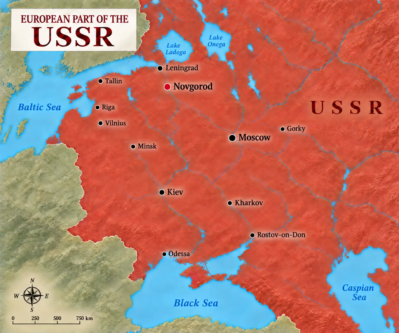 Map of the European part of the USSR with Novgorod, Leningrad and Moscow